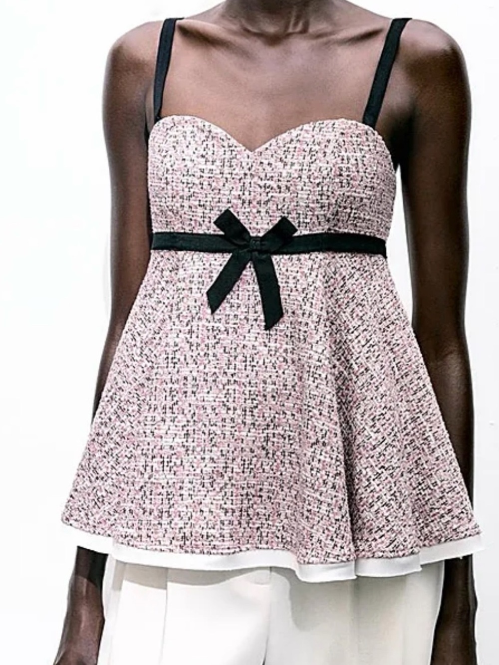 Zara Pink Tweed Sweetheart Neck Bow-Trim Tank Top